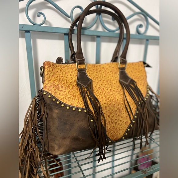 New Fall Western Genuine Ostrich Embossed Leather Rustic Crazy Horse Bag Fringe - Picture 12 of 16